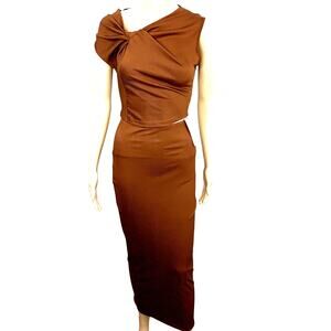 Micas Top and Maxi Skirt Set Womens XSmall Brown Asymmetrical Blouse Stretch New